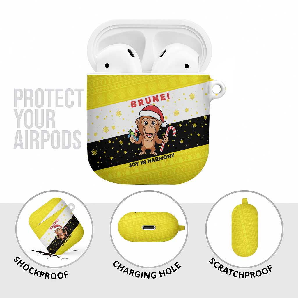 Brunei Christmas AirPods Case with Cartoon Monkey Santa Hat Candy Cane and Yellow Black Flag Pattern - Wonder Print Shop