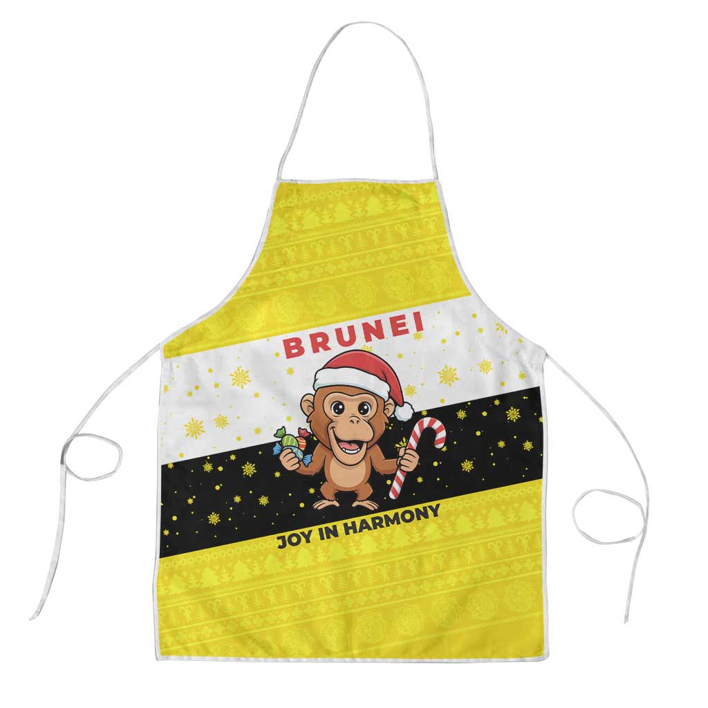 Brunei Christmas Apron with Cartoon Monkey Santa Hat Candy Cane and Yellow Black Flag Pattern - Wonder Print Shop