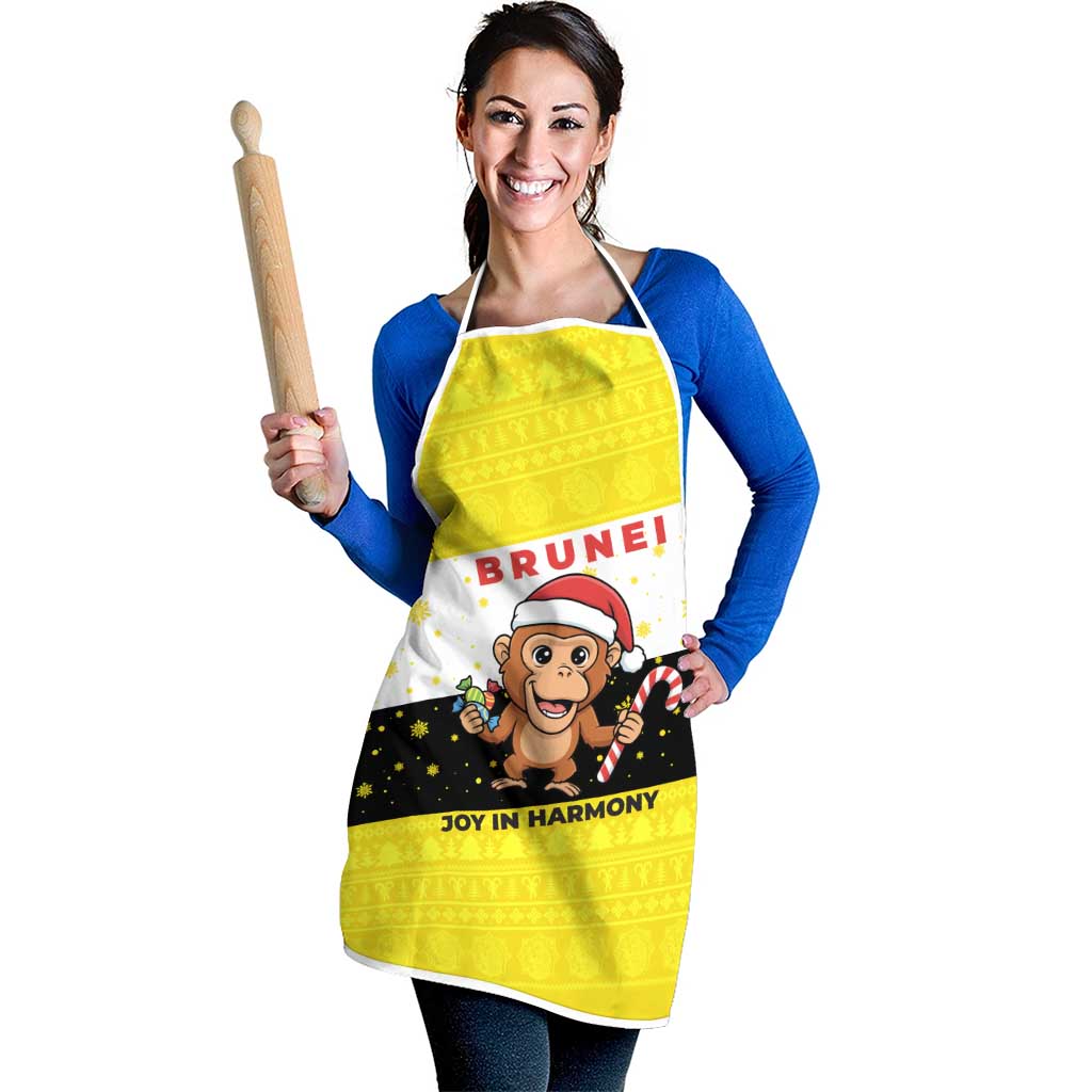 Brunei Christmas Apron with Cartoon Monkey Santa Hat Candy Cane and Yellow Black Flag Pattern - Wonder Print Shop