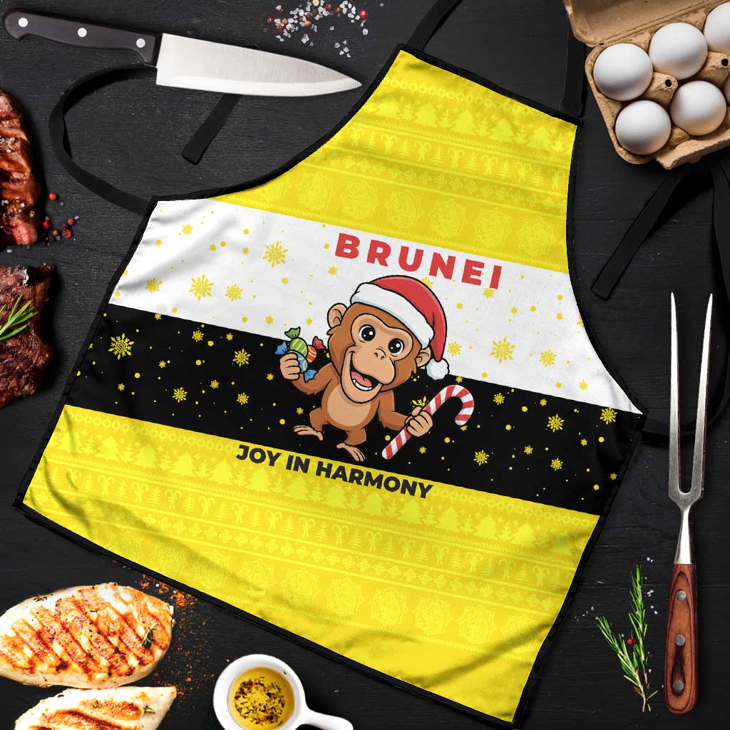 Brunei Christmas Apron with Cartoon Monkey Santa Hat Candy Cane and Yellow Black Flag Pattern - Wonder Print Shop
