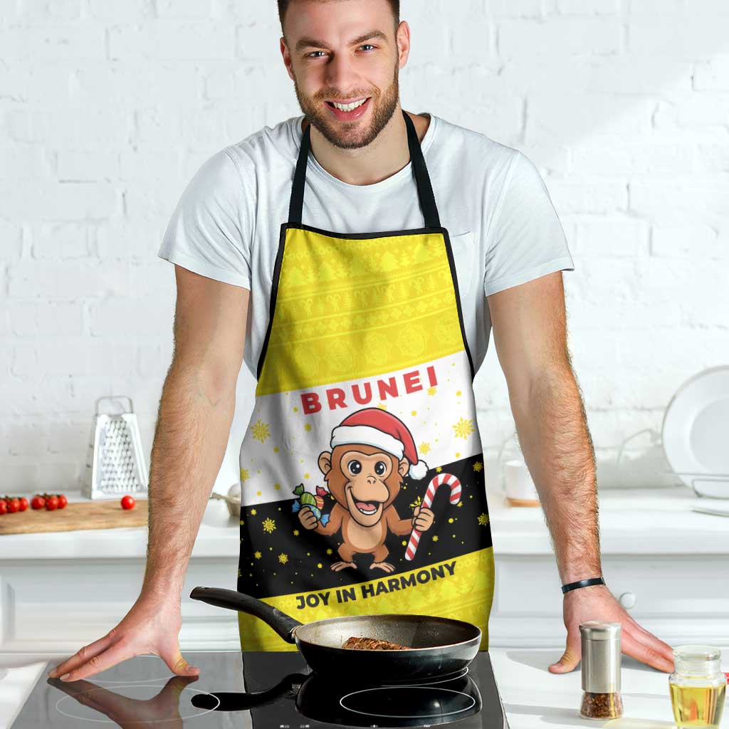 Brunei Christmas Apron with Cartoon Monkey Santa Hat Candy Cane and Yellow Black Flag Pattern - Wonder Print Shop