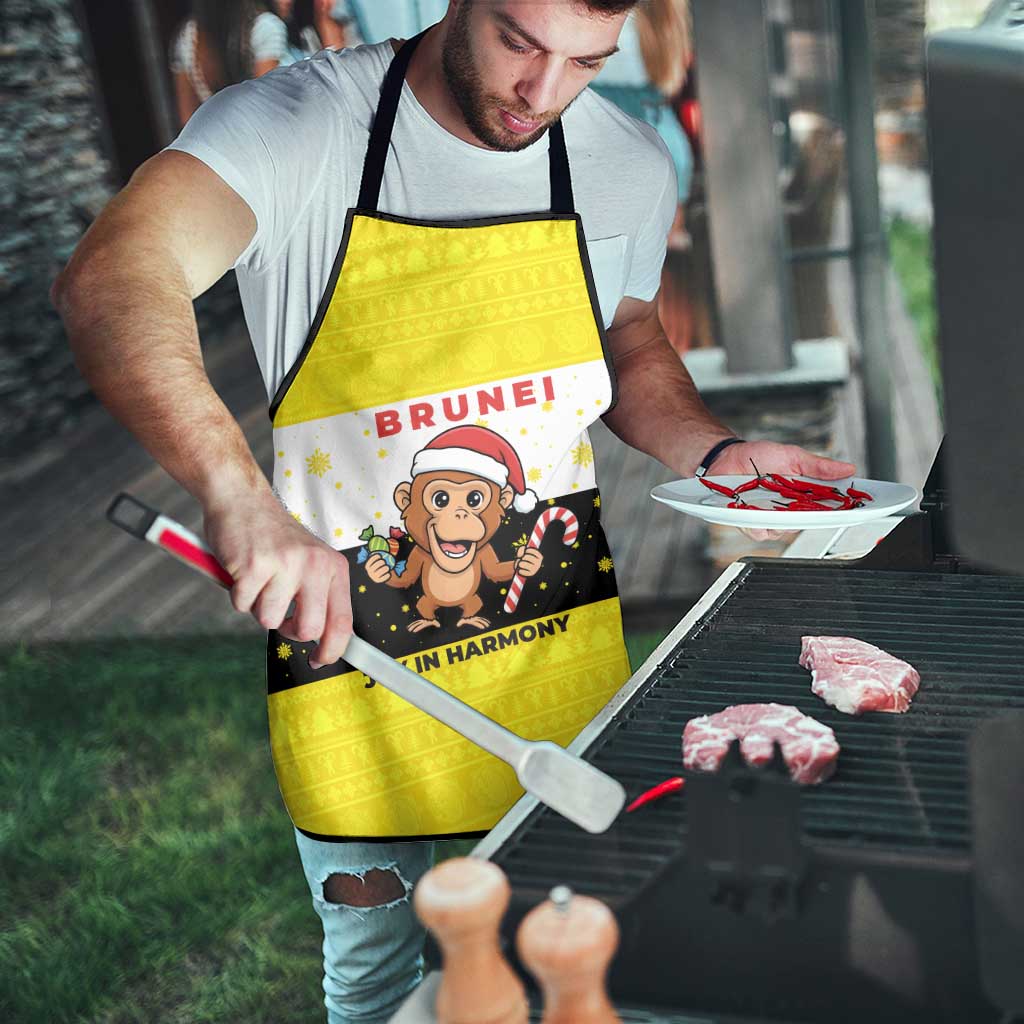 Brunei Christmas Apron with Cartoon Monkey Santa Hat Candy Cane and Yellow Black Flag Pattern - Wonder Print Shop