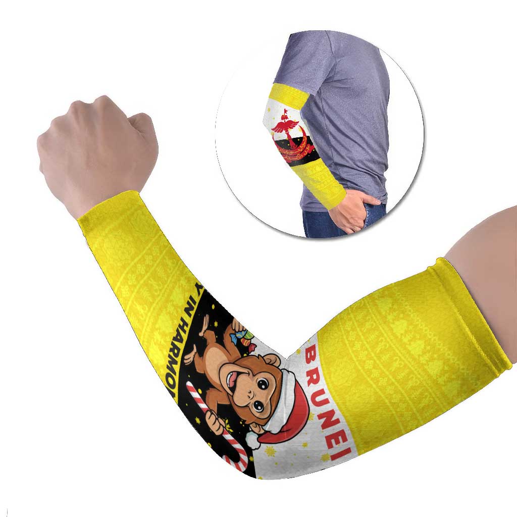 Brunei Christmas Arm Sleeves with Cartoon Monkey Santa Hat Candy Cane and Yellow Black Flag Pattern - Wonder Print Shop