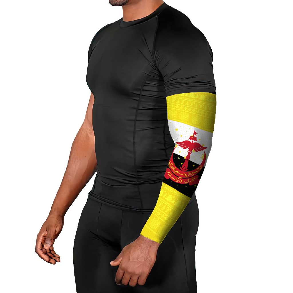 Brunei Christmas Arm Sleeves with Cartoon Monkey Santa Hat Candy Cane and Yellow Black Flag Pattern - Wonder Print Shop