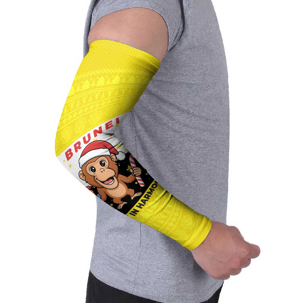 Brunei Christmas Arm Sleeves with Cartoon Monkey Santa Hat Candy Cane and Yellow Black Flag Pattern - Wonder Print Shop