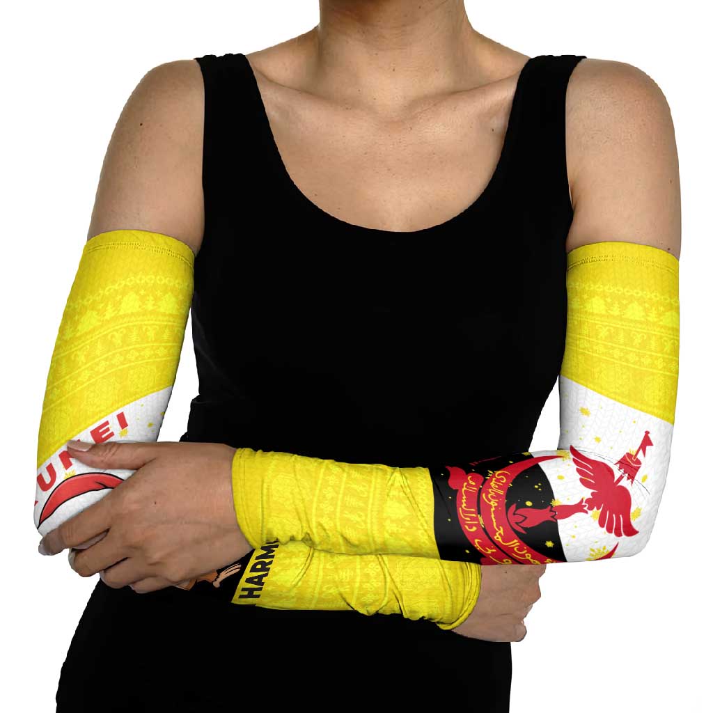 Brunei Christmas Arm Sleeves with Cartoon Monkey Santa Hat Candy Cane and Yellow Black Flag Pattern - Wonder Print Shop