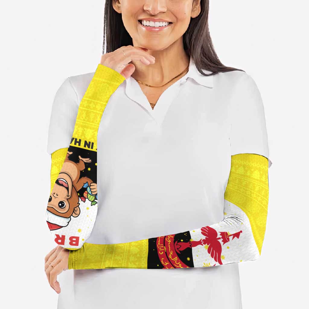 Brunei Christmas Arm Sleeves with Cartoon Monkey Santa Hat Candy Cane and Yellow Black Flag Pattern - Wonder Print Shop