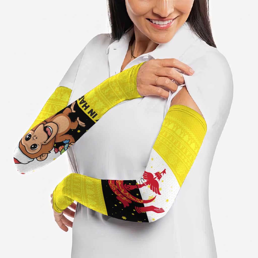 Brunei Christmas Arm Sleeves with Cartoon Monkey Santa Hat Candy Cane and Yellow Black Flag Pattern - Wonder Print Shop