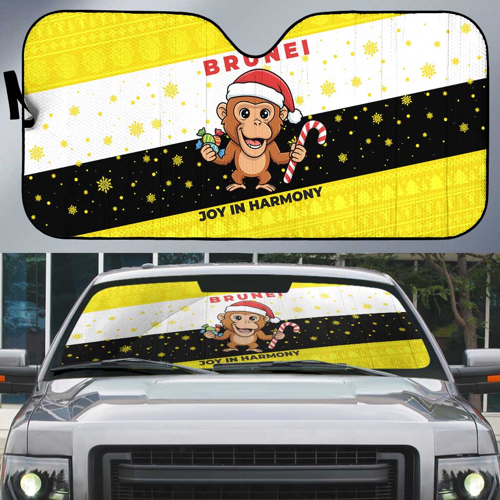 Brunei Christmas Auto Sun Shade with Cartoon Monkey Santa Hat Candy Cane and Yellow Black Flag Pattern - Wonder Print Shop