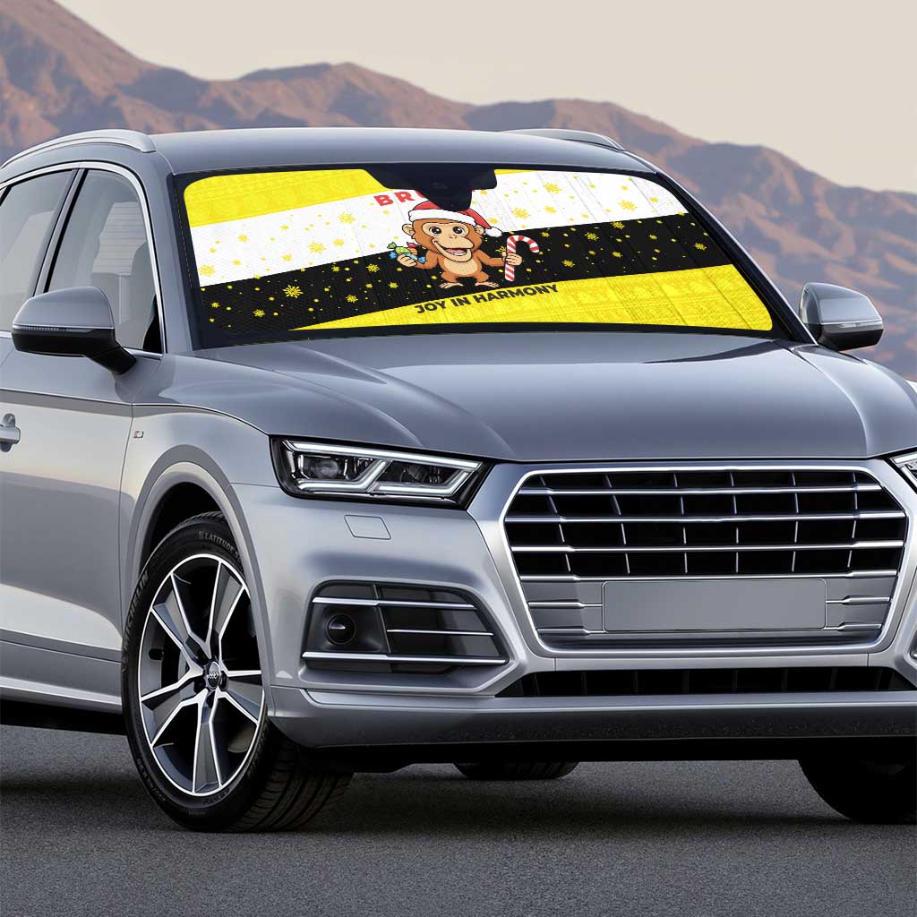 Brunei Christmas Auto Sun Shade with Cartoon Monkey Santa Hat Candy Cane and Yellow Black Flag Pattern - Wonder Print Shop