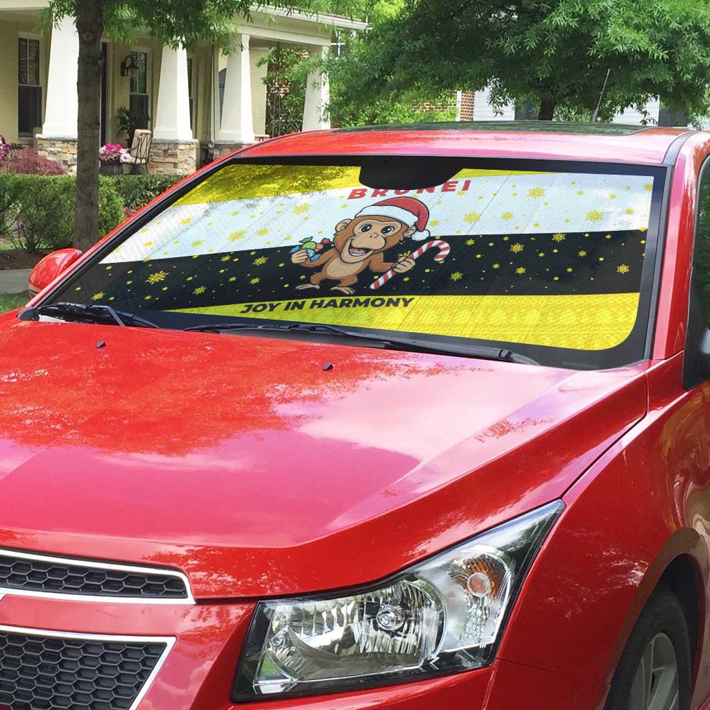 Brunei Christmas Auto Sun Shade with Cartoon Monkey Santa Hat Candy Cane and Yellow Black Flag Pattern - Wonder Print Shop