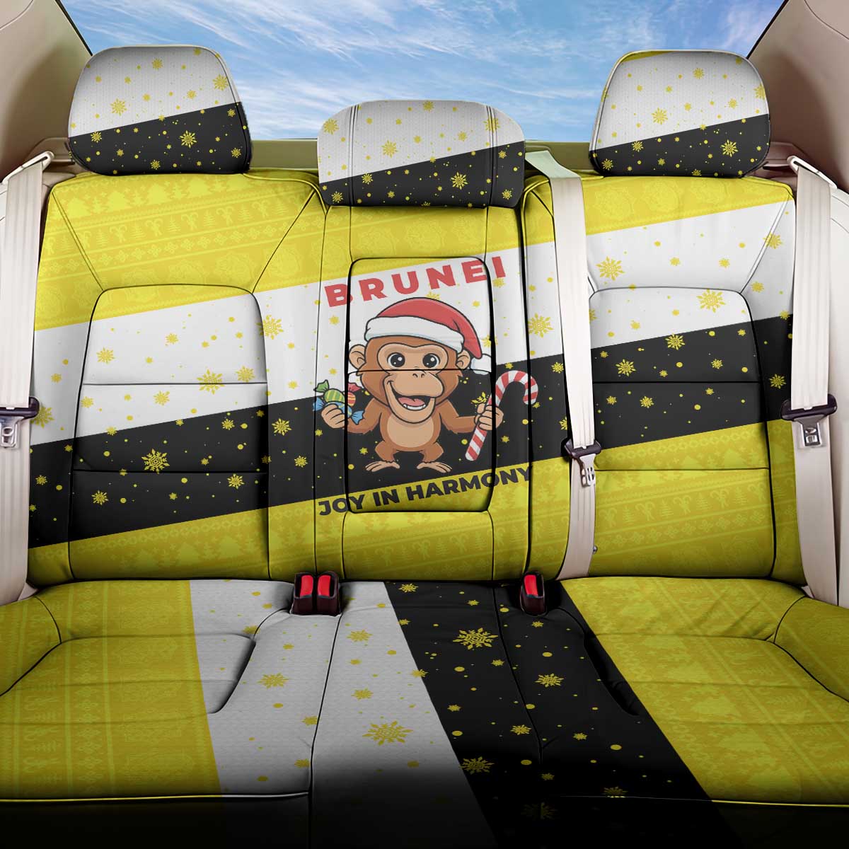 Brunei Christmas Back Car Seat Cover with Cartoon Monkey Santa Hat Candy Cane and Yellow Black Flag Pattern - Wonder Print Shop