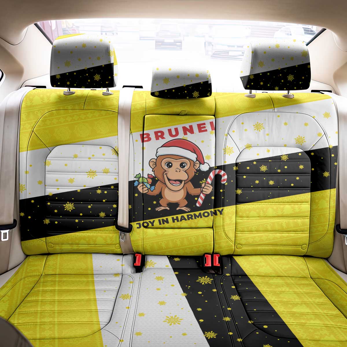 Brunei Christmas Back Car Seat Cover with Cartoon Monkey Santa Hat Candy Cane and Yellow Black Flag Pattern - Wonder Print Shop