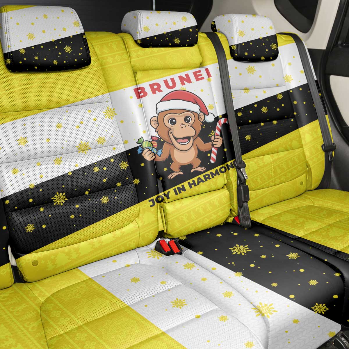Brunei Christmas Back Car Seat Cover with Cartoon Monkey Santa Hat Candy Cane and Yellow Black Flag Pattern - Wonder Print Shop