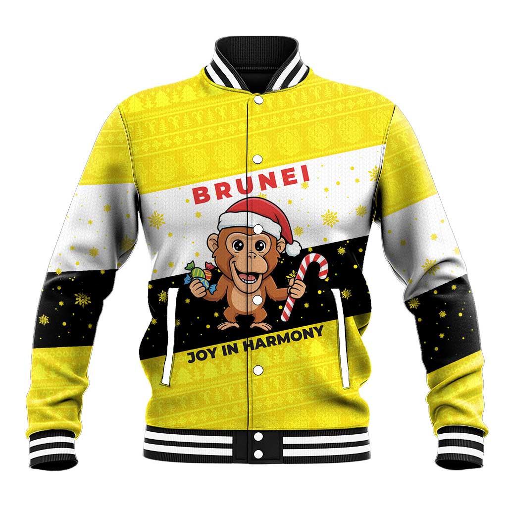 Brunei Christmas Baseball Jacket with Cartoon Monkey Santa Hat Candy Cane and Yellow Black Flag Pattern - Wonder Print Shop