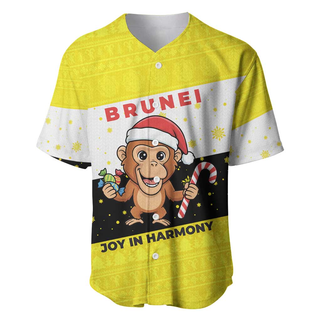 Brunei Christmas Baseball Jersey with Cartoon Monkey Santa Hat Candy Cane and Yellow Black Flag Pattern - Wonder Print Shop