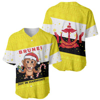 Brunei Christmas Baseball Jersey with Cartoon Monkey Santa Hat Candy Cane and Yellow Black Flag Pattern - Wonder Print Shop
