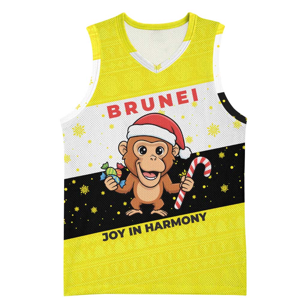 Brunei Christmas Basketball Jersey with Cartoon Monkey Santa Hat Candy Cane and Yellow Black Flag Pattern - Wonder Print Shop