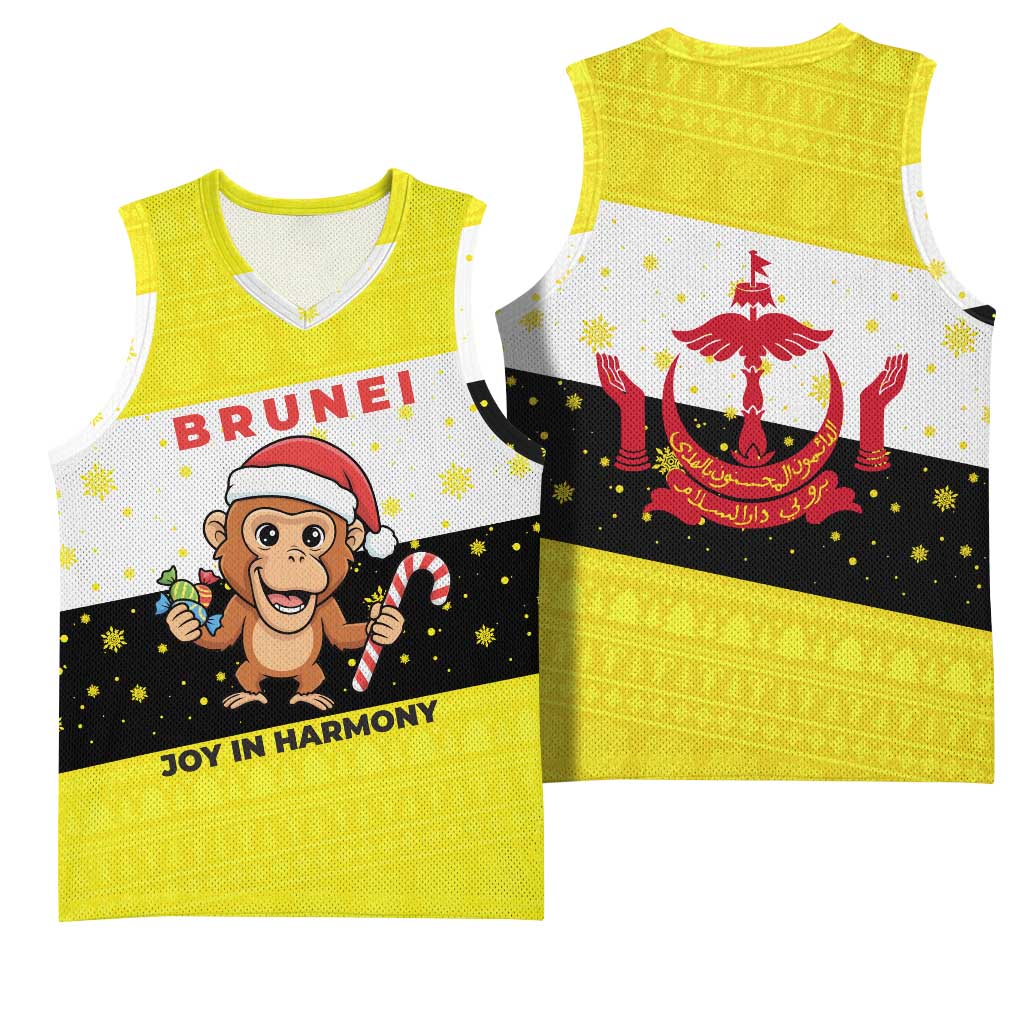 Brunei Christmas Basketball Jersey with Cartoon Monkey Santa Hat Candy Cane and Yellow Black Flag Pattern - Wonder Print Shop