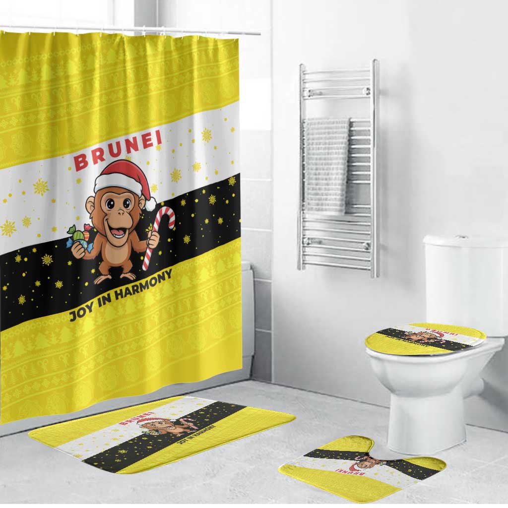 Brunei Christmas Bathroom Set with Cartoon Monkey Santa Hat Candy Cane and Yellow Black Flag Pattern - Wonder Print Shop