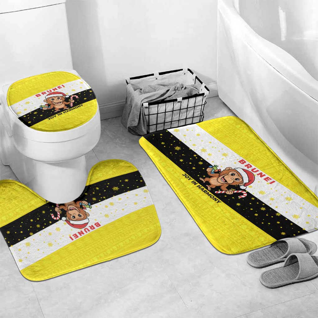 Brunei Christmas Bathroom Set with Cartoon Monkey Santa Hat Candy Cane and Yellow Black Flag Pattern - Wonder Print Shop
