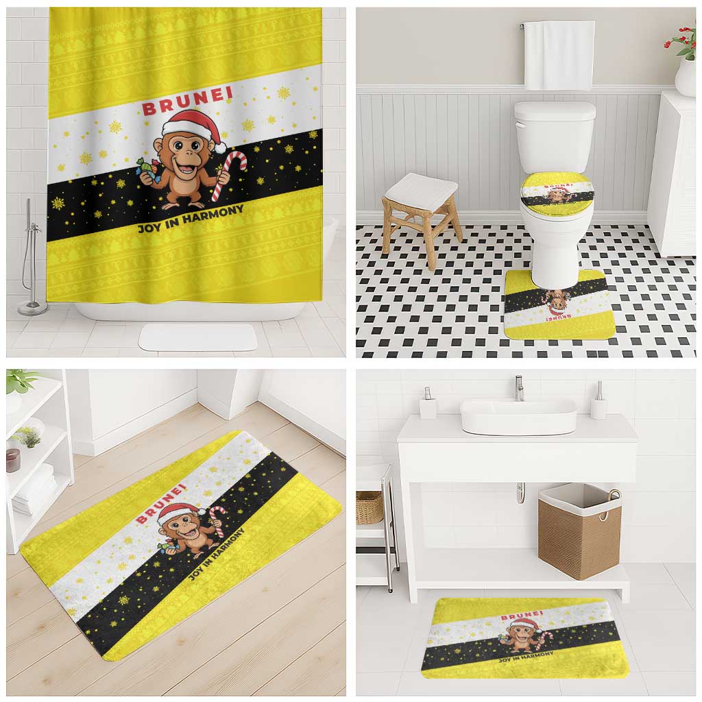 Brunei Christmas Bathroom Set with Cartoon Monkey Santa Hat Candy Cane and Yellow Black Flag Pattern - Wonder Print Shop