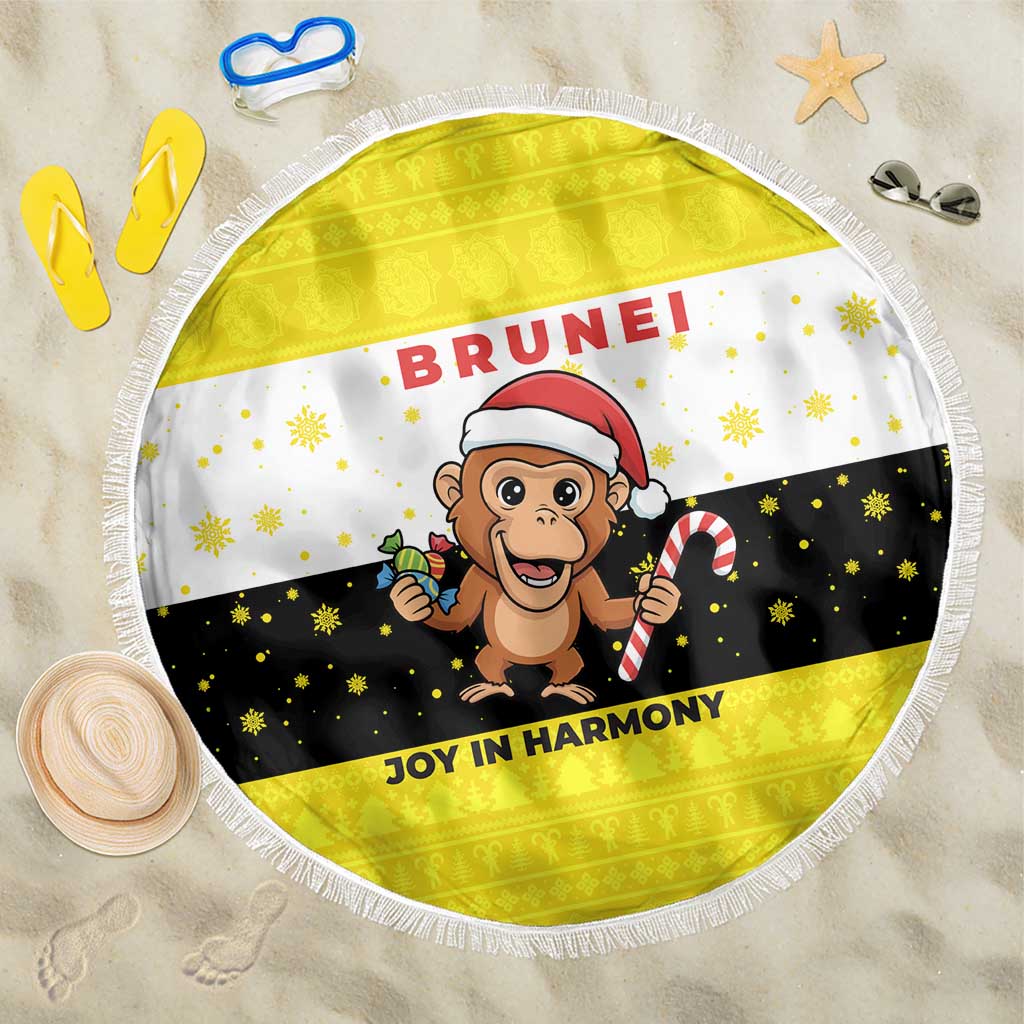 Brunei Christmas Beach Blanket with Cartoon Monkey Santa Hat Candy Cane and Yellow Black Flag Pattern - Wonder Print Shop