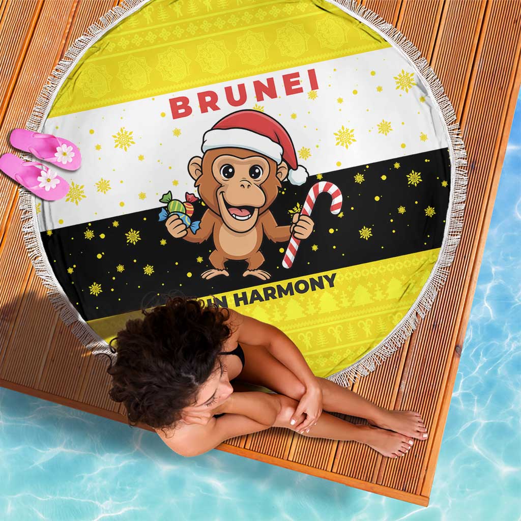 Brunei Christmas Beach Blanket with Cartoon Monkey Santa Hat Candy Cane and Yellow Black Flag Pattern - Wonder Print Shop