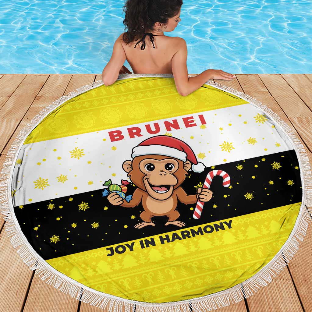Brunei Christmas Beach Blanket with Cartoon Monkey Santa Hat Candy Cane and Yellow Black Flag Pattern - Wonder Print Shop