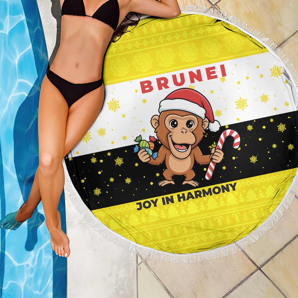 Brunei Christmas Beach Blanket with Cartoon Monkey Santa Hat Candy Cane and Yellow Black Flag Pattern - Wonder Print Shop