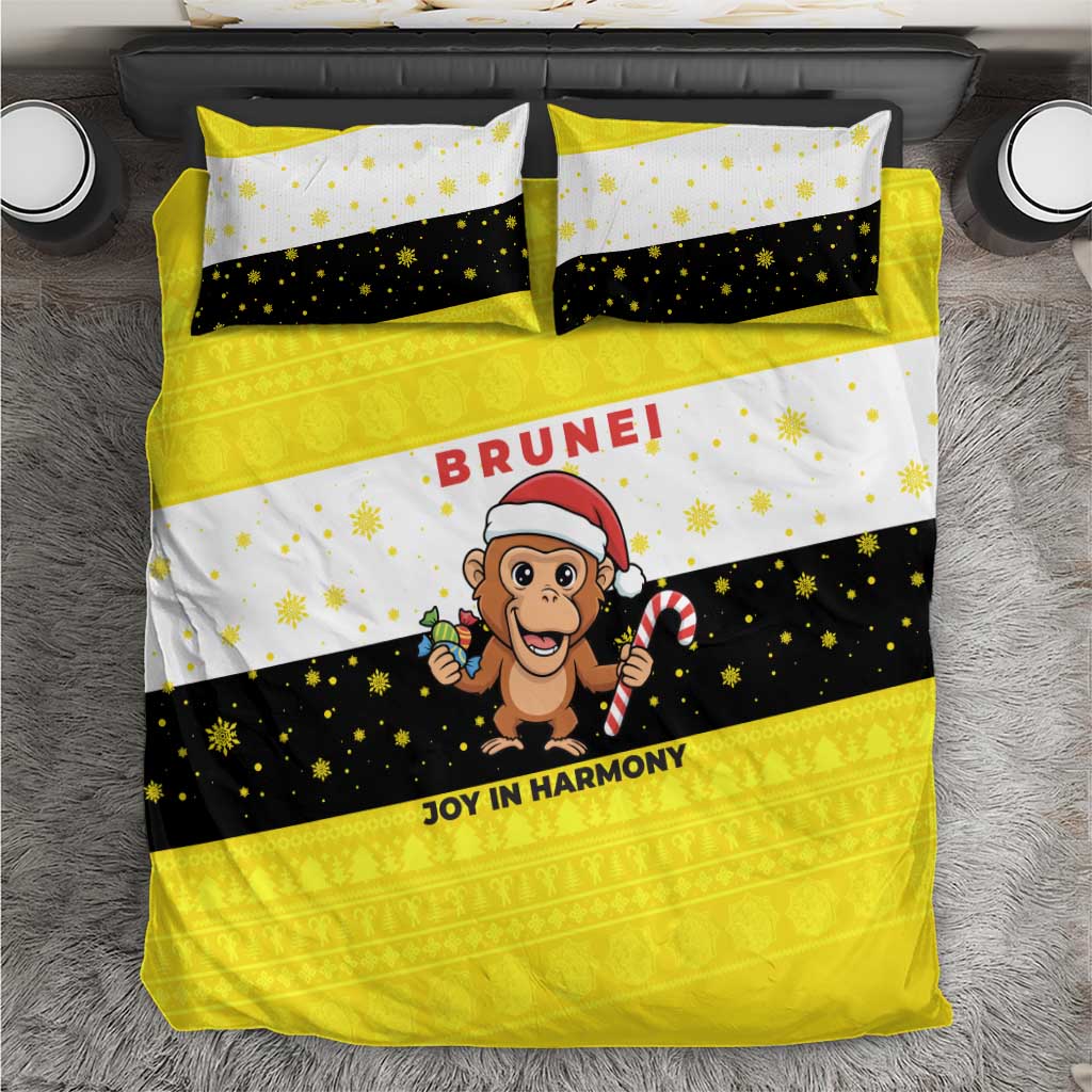 Brunei Christmas Bedding Set with Cartoon Monkey Santa Hat Candy Cane and Yellow Black Flag Pattern - Wonder Print Shop