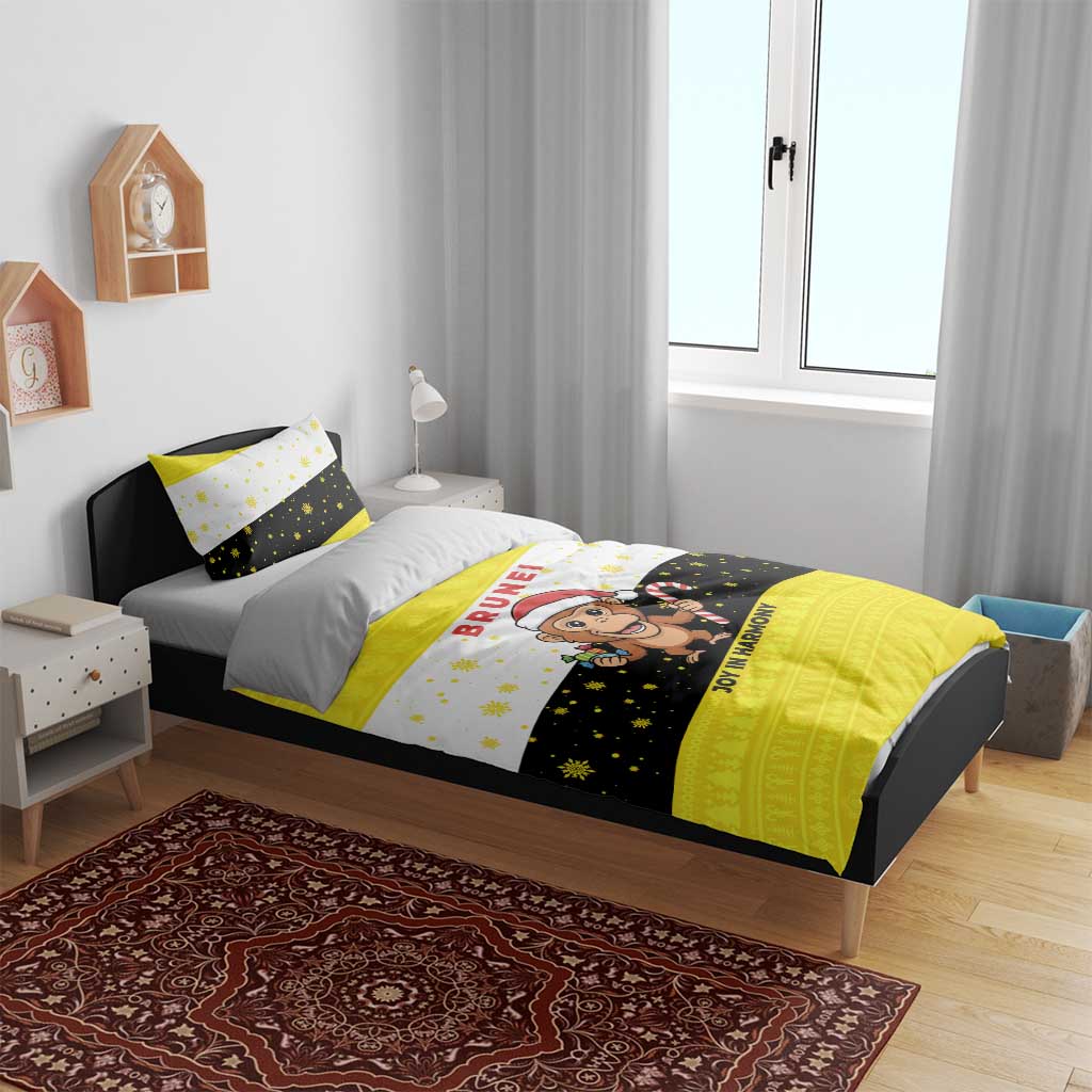 Brunei Christmas Bedding Set with Cartoon Monkey Santa Hat Candy Cane and Yellow Black Flag Pattern - Wonder Print Shop