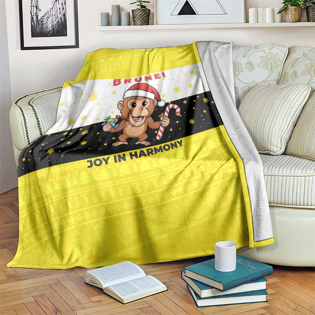 Brunei Christmas Blanket with Cartoon Monkey Santa Hat Candy Cane and Yellow Black Flag Pattern - Wonder Print Shop