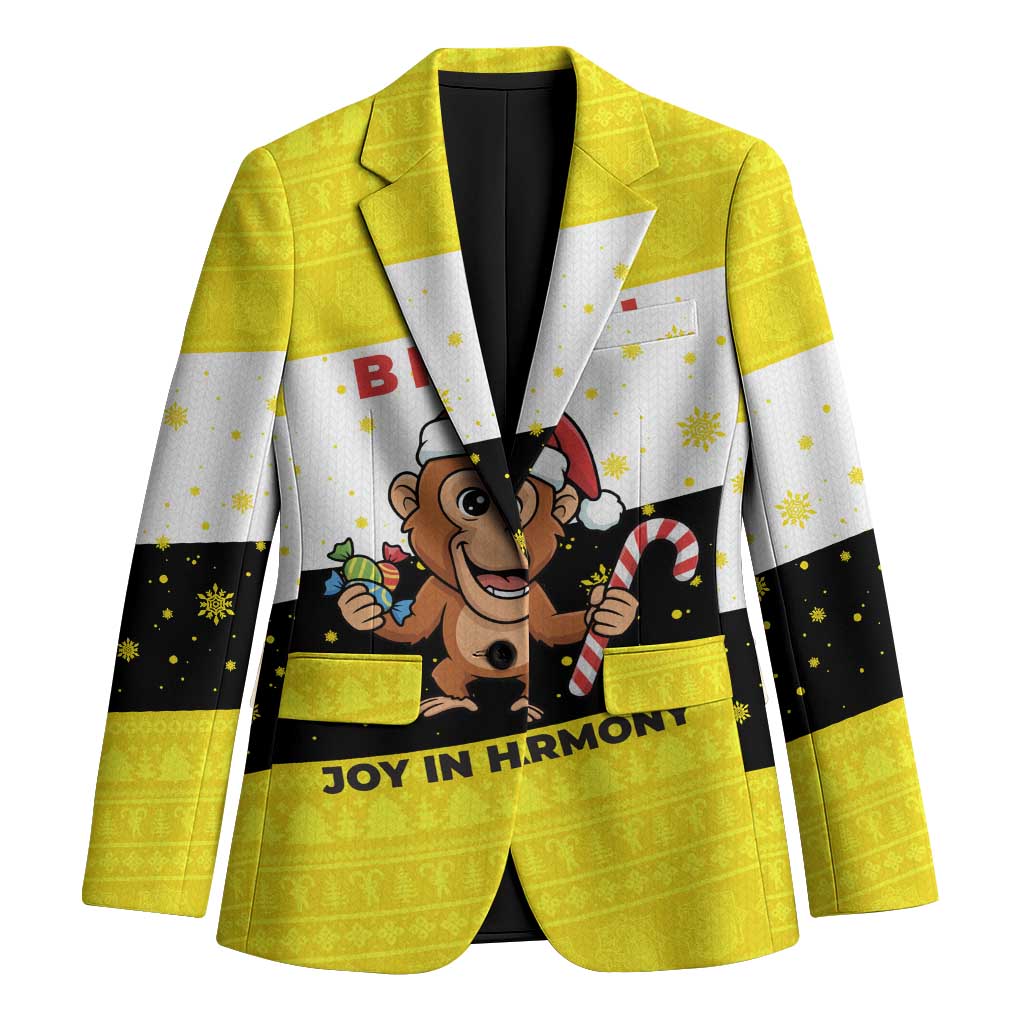 Brunei Christmas Blazer with Cartoon Monkey Santa Hat Candy Cane and Yellow Black Flag Pattern - Wonder Print Shop
