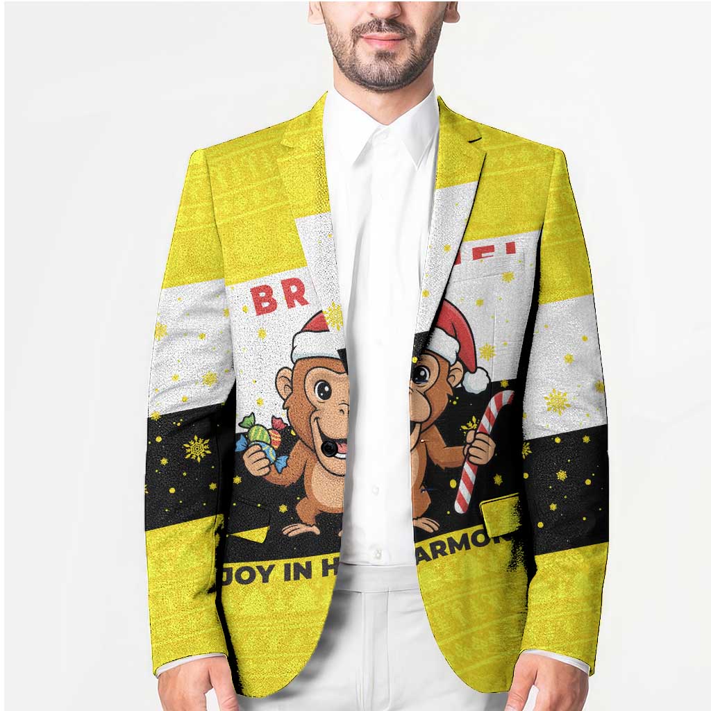 Brunei Christmas Blazer with Cartoon Monkey Santa Hat Candy Cane and Yellow Black Flag Pattern - Wonder Print Shop