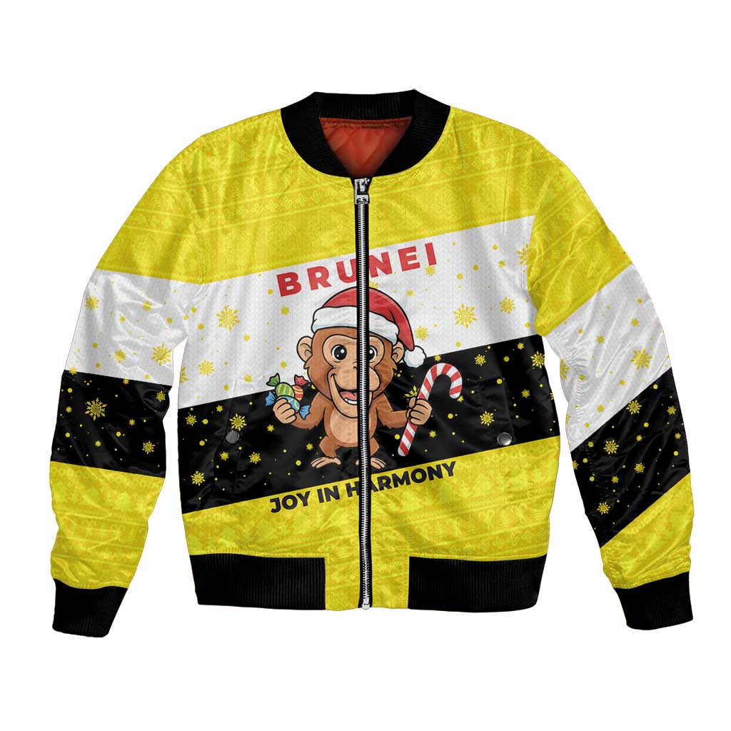 Brunei Christmas Bomber Jacket with Cartoon Monkey Santa Hat Candy Cane and Yellow Black Flag Pattern - Wonder Print Shop