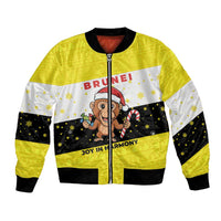 Brunei Christmas Bomber Jacket with Cartoon Monkey Santa Hat Candy Cane and Yellow Black Flag Pattern - Wonder Print Shop