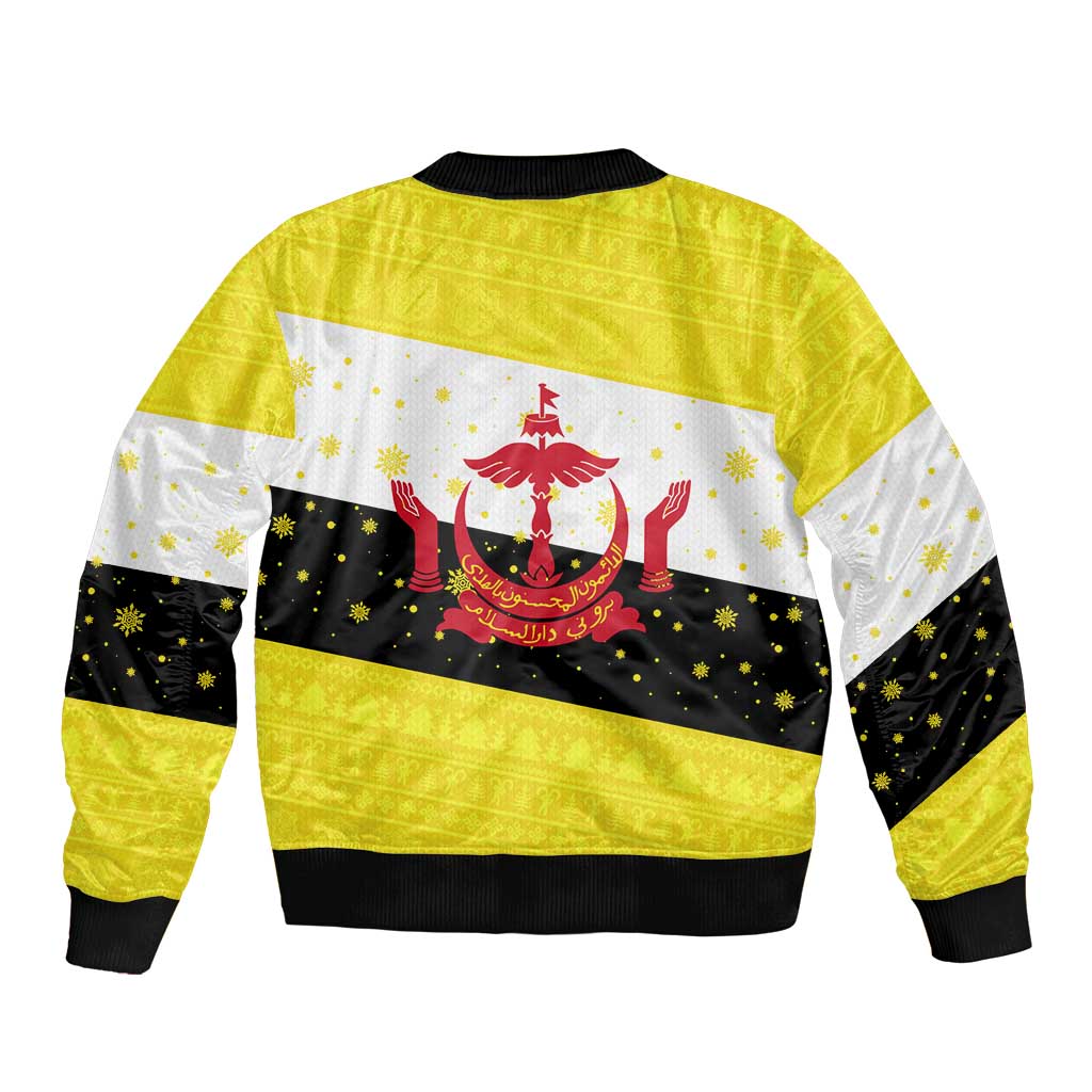 Brunei Christmas Bomber Jacket with Cartoon Monkey Santa Hat Candy Cane and Yellow Black Flag Pattern - Wonder Print Shop