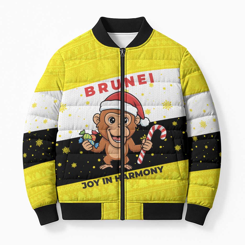 Brunei Christmas Bomber Puffer Jacket with Cartoon Monkey Santa Hat Candy Cane and Yellow Black Flag Pattern - Wonder Print Shop
