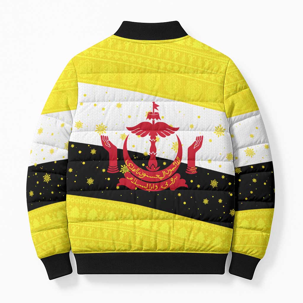 Brunei Christmas Bomber Puffer Jacket with Cartoon Monkey Santa Hat Candy Cane and Yellow Black Flag Pattern - Wonder Print Shop