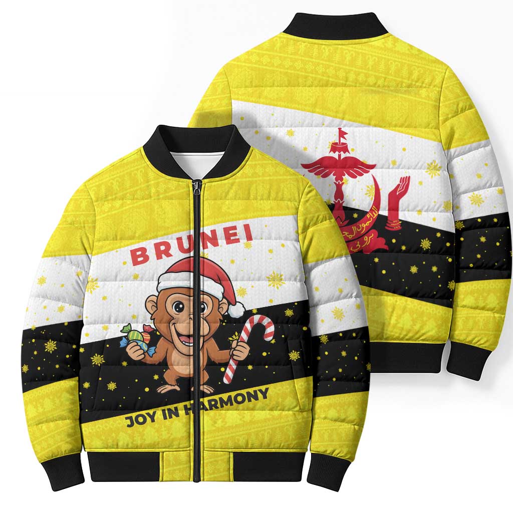 Brunei Christmas Bomber Puffer Jacket with Cartoon Monkey Santa Hat Candy Cane and Yellow Black Flag Pattern - Wonder Print Shop