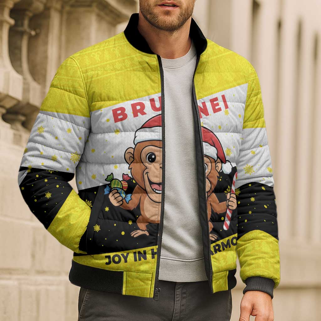 Brunei Christmas Bomber Puffer Jacket with Cartoon Monkey Santa Hat Candy Cane and Yellow Black Flag Pattern - Wonder Print Shop
