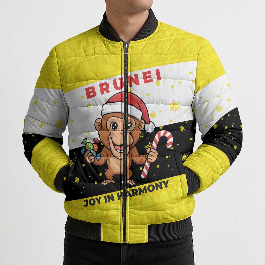 Brunei Christmas Bomber Puffer Jacket with Cartoon Monkey Santa Hat Candy Cane and Yellow Black Flag Pattern - Wonder Print Shop