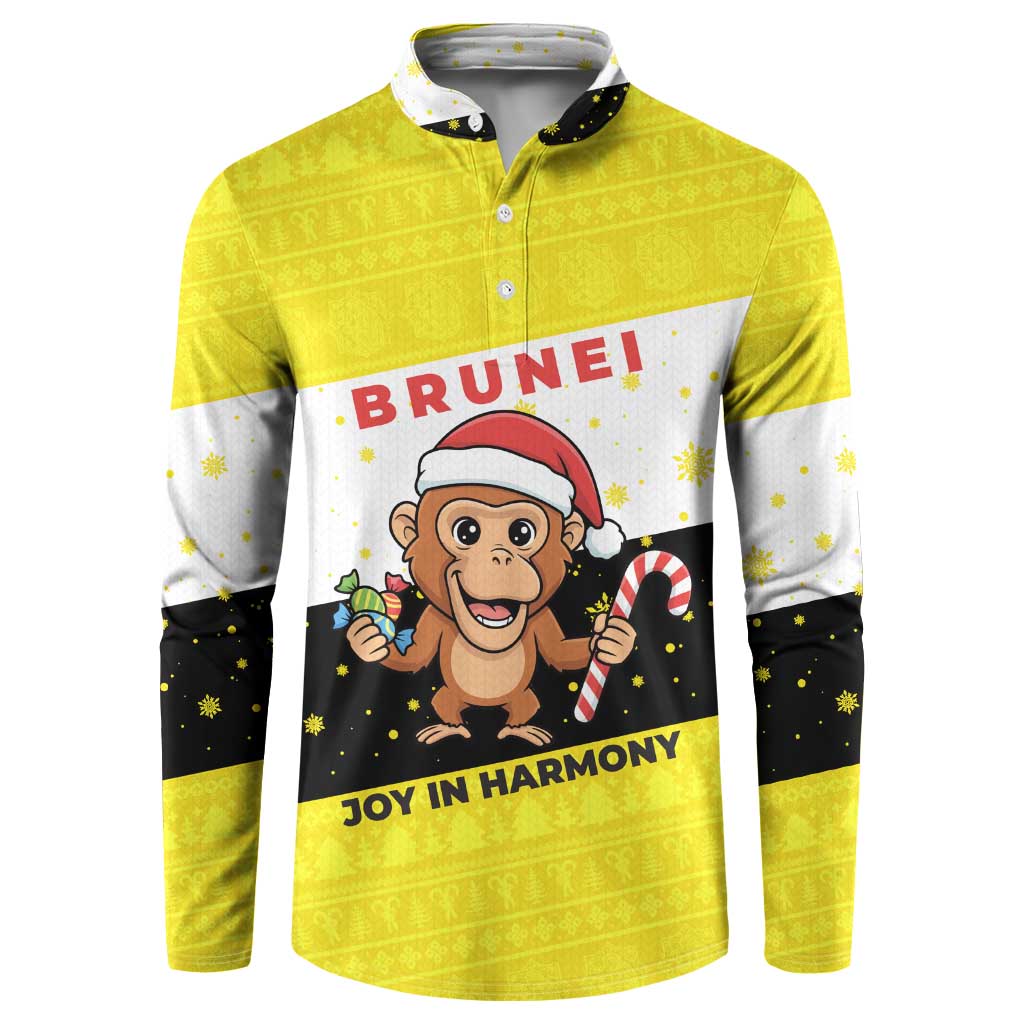 Brunei Christmas Button Sweatshirt with Cartoon Monkey Santa Hat Candy Cane and Yellow Black Flag Pattern - Wonder Print Shop
