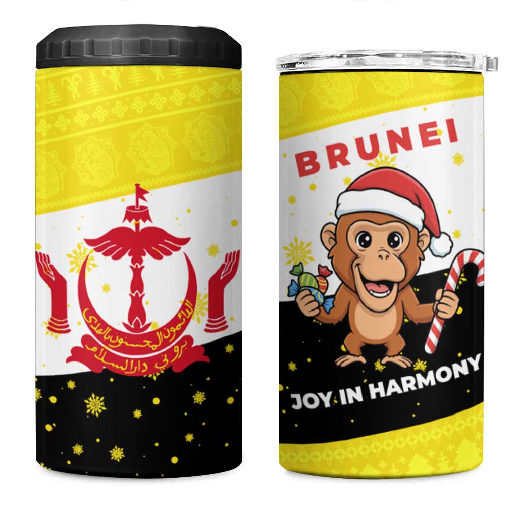 Brunei Christmas 4 in 1 Can Cooler Tumbler with Cartoon Monkey Santa Hat Candy Cane and Yellow Black Flag Pattern - Wonder Print Shop