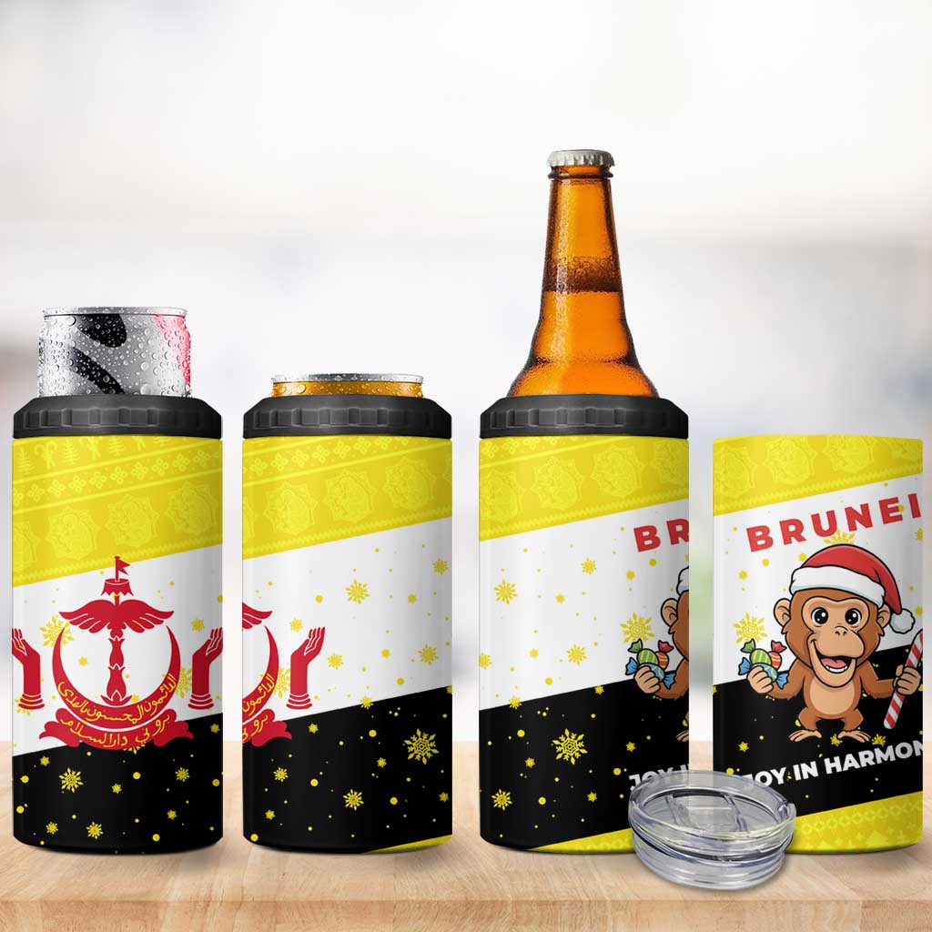 Brunei Christmas 4 in 1 Can Cooler Tumbler with Cartoon Monkey Santa Hat Candy Cane and Yellow Black Flag Pattern - Wonder Print Shop