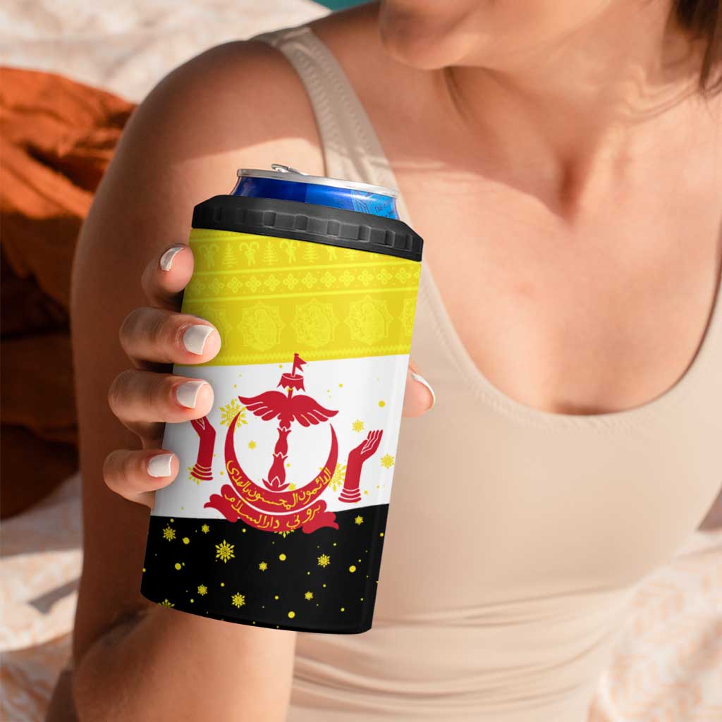 Brunei Christmas 4 in 1 Can Cooler Tumbler with Cartoon Monkey Santa Hat Candy Cane and Yellow Black Flag Pattern - Wonder Print Shop