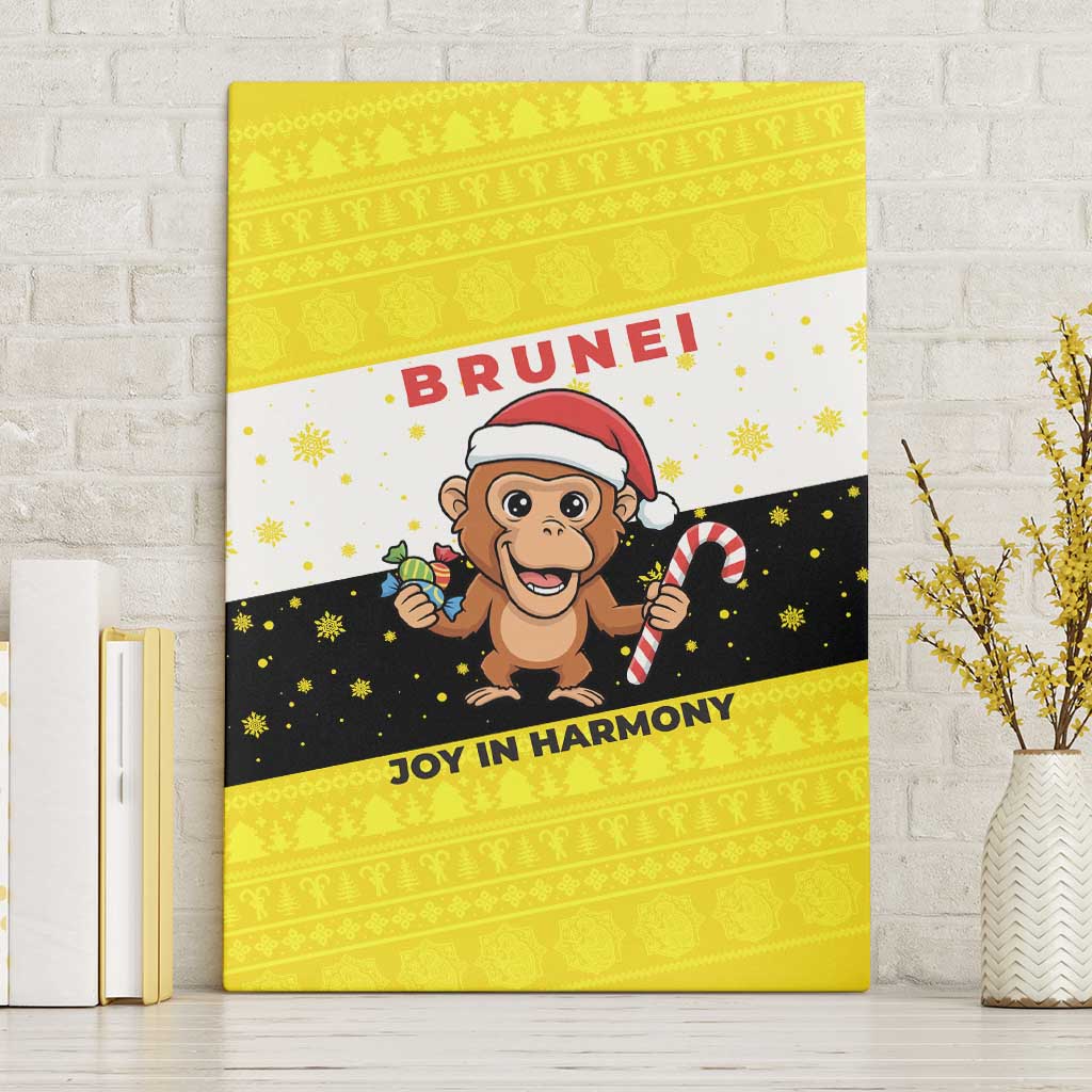 Brunei Christmas Canvas Wall Art with Cartoon Monkey Santa Hat Candy Cane and Yellow Black Flag Pattern - Wonder Print Shop