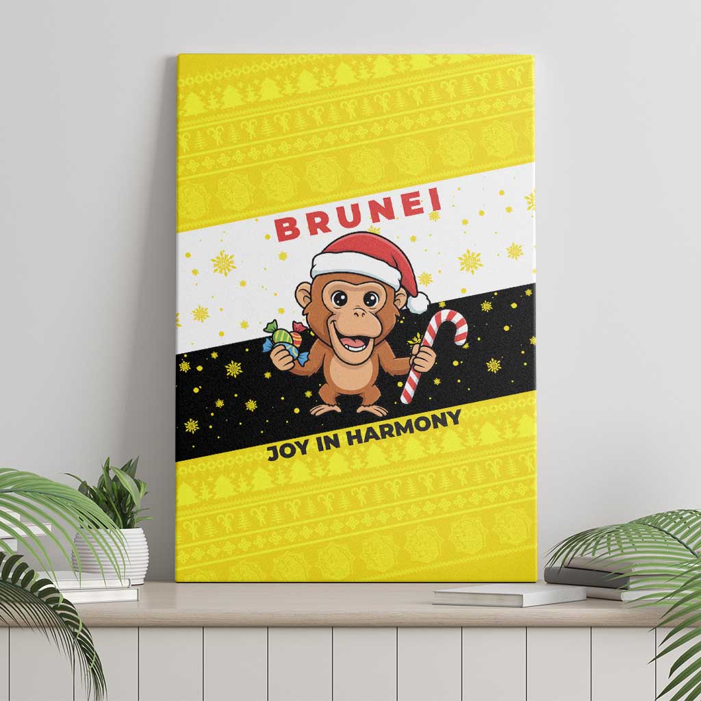 Brunei Christmas Canvas Wall Art with Cartoon Monkey Santa Hat Candy Cane and Yellow Black Flag Pattern - Wonder Print Shop