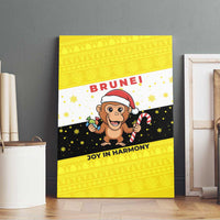 Brunei Christmas Canvas Wall Art with Cartoon Monkey Santa Hat Candy Cane and Yellow Black Flag Pattern - Wonder Print Shop